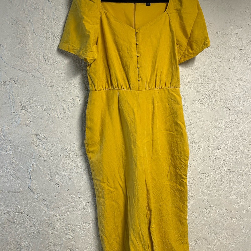 Ann Taylor Yellow Puff Sleeve Square Neck Midi Romper